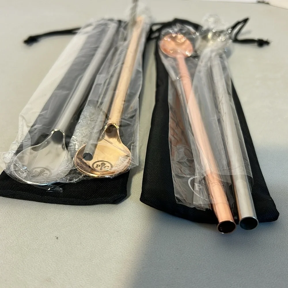 Pampered Chef Bundle Stainless Steel Metal Spoons & Straw bag cleaning brush